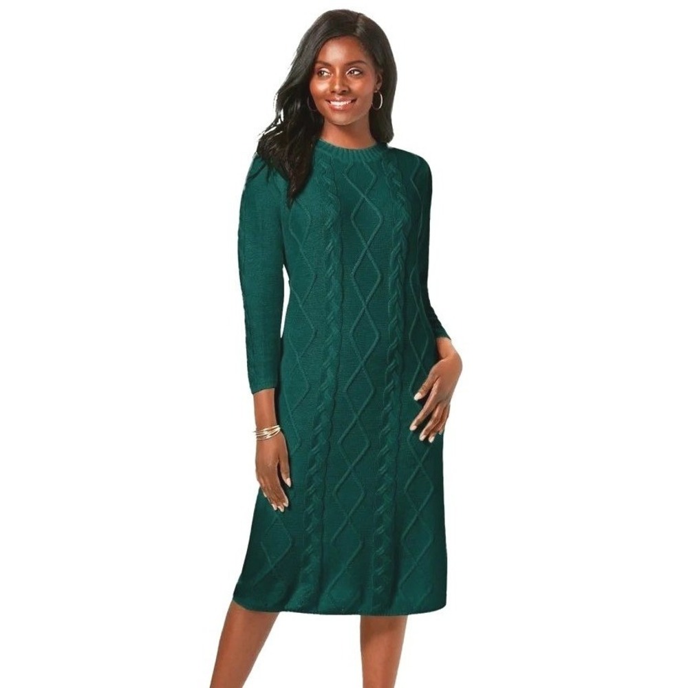 Woman Within Plus Size 18/20 Sweater Dress Large Green Cable Knit Midi Holiday F
